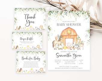 Editable Gender Neutral Farm Baby Shower Invitation Bundle, Greenery Farm Baby Shower Invite Pack, Rustic Barnyard Shower Invite, BBS647