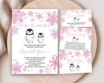 May include: A baby shower invitation set featuring pink and silver snowflakes and watercolor penguins. The main card reads Baby it's cold outside, Elizabeth Green, and event details. Includes a diaper raffle card, a book request card, and a thank you card.
