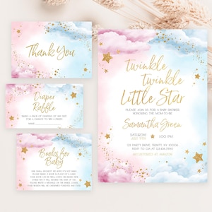 Editable Twinkle Twinkle Little Star Gender Reveal Invitation Pack, Pink Blue, He She Invite, Pink Blue Gold Moon Star Baby Shower, BBS1023