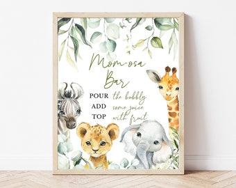 Momosa Bar Sign A Little Wild One Baby Shower, Safari Jungle Baby Shower Mimosa Bar Sign, Greenery Safari Animals Baby Shower,BBS340