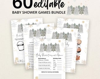 May include: A bundle of 60 editable baby shower game cards featuring a winter theme with watercolour pine trees and gold snowflakes. The cards include text such as Baby Predictions and Advice, with lines for writing, and illustrations of a bucket and baby bumps.