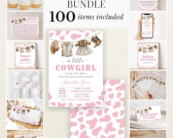 Editable A Little Cowgirl Baby Shower Bundle, Wild West Baby Shower Invitation Pack, Pink Cowgirl Games, Rodeo Baby Girl Package, BBS720