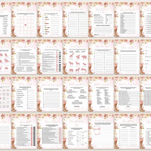 Op de afbeelding: Een verzameling van twee&euml;ndertig printbare babyshower-spelkaarten met een bloemenrand van roze rozen en groen. Elke kaart bevat unieke tekst, lijsten en invulsecties voor verschillende activiteiten, allemaal op een lichte achtergrond.