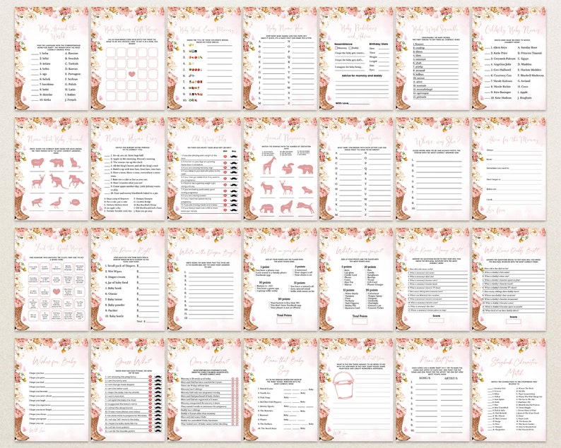 Op de afbeelding: Een verzameling van twee&euml;ndertig printbare babyshower-spelkaarten met een bloemenrand van roze rozen en groen. Elke kaart bevat unieke tekst, lijsten en invulsecties voor verschillende activiteiten, allemaal op een lichte achtergrond.