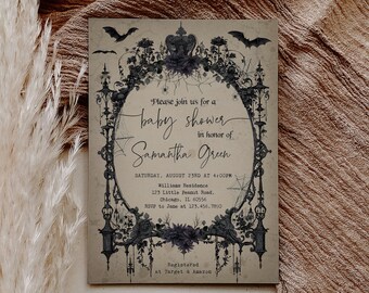 Editable Gothic Halloween Baby Shower Invitation, Spooky Vintage Baby Shower Invite, Haunted Halloween Baby Shower Invite, BBS486