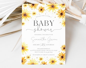 Editable Sunflower Baby Shower Invitation, Gender Neutral Rustic Sunflower Baby Shower Invite, Spring Sunflower Baby Shower Invite, BBS614