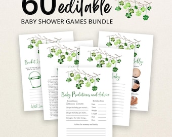 May include: A bundle of 60 editable baby shower game cards featuring a watercolor illustration of green shamrocks hanging from brown branches. The text includes 60 editable baby shower games bundle, Baby Predictions and Advice, and Bucket List.