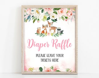 Diaper Raffle Sign Girl Floral Woodland Baby Shower, Girl Woodland Baby Shower Diaper Ticket Sign, Pink Floral Woodland Decoration, BBS145