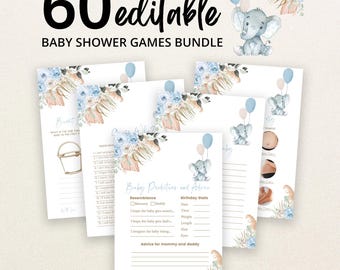 Peut inclure: Un lot de 60 cartes de jeux pour fête prénatale modifiables avec des illustrations à l'aquarelle d'un éléphant gris, de ballons bleus et roses, et de compositions florales. Les cartes incluent du texte pour des prédictions et conseils.
