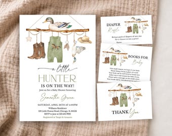 Editable A Little Hunter On the Way Baby Shower Invitation Bundle, Mallard Duck Baby Shower Invite Pack, Boy Duck Baby Shower Invite, BBS965