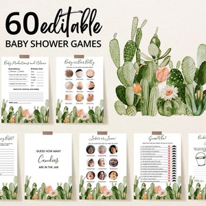 Pacchetto di giochi modificabili per baby shower a tema cactus, giochi per baby shower a tema succulento, pacchetto di giochi per baby shower a tema messicano Boho Fiesta, attività per baby shower a tema cactus, BBS297