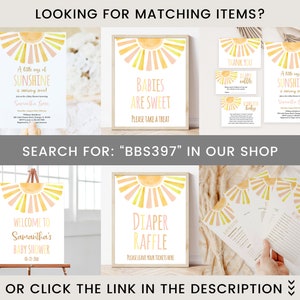 Puede incluir: Un conjunto de papeler&iacute;a para baby shower con un dise&ntilde;o de sol en acuarela. El conjunto incluye invitaciones, tarjetas de agradecimiento y letreros con frases como "Babies are Sweet" y "A little ray of sunshine." Tambi&eacute;n es visible el texto "Search for BBS397 in our shop".