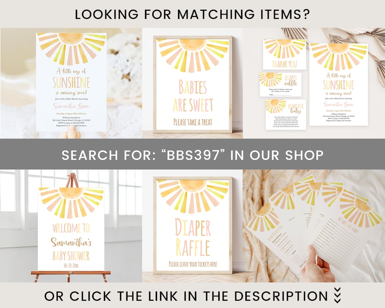 Puede incluir: Un conjunto de papeler&iacute;a para baby shower con un dise&ntilde;o de sol en acuarela. El conjunto incluye invitaciones, tarjetas de agradecimiento y letreros con frases como "Babies are Sweet" y "A little ray of sunshine." Tambi&eacute;n es visible el texto "Search for BBS397 in our shop".