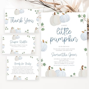 Editable Boy Pumpkin Baby Shower Invitation Bundle, Blue Pumpkin Baby Shower Invitation, Sweet Little Pumpkin Baby Shower Invitation, BBS423
