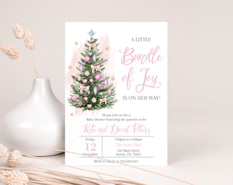 May include: A baby shower invitation with a watercolor Christmas tree decorated with pink ornaments and bows. The text reads "A Little Bundle of Joy is on Her Way!" with event details for Kate and David Peters.