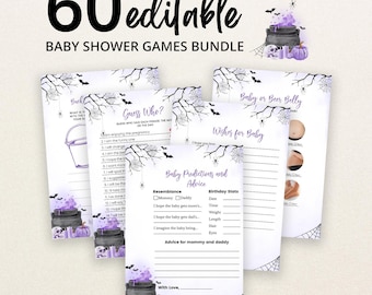 Editable Purple Girl A Baby is Brewing Halloween Baby Shower Game Bundle, Cauldron Baby Shower Game Pack, Spooky Baby Shower Games, BBS772