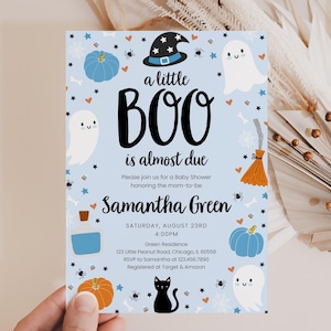 Editable Blue A Little Boo Baby Shower Invitation, Boy Halloween Baby Shower Invite, Ghost Halloween Baby Shower Invite, BBS494