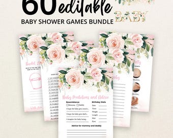 May include: A bundle of 60 editable baby shower game cards featuring a floral design with soft pink roses and green leaves. The cards include text such as Baby Predictions and Advice, Bucket List, and Guess Who, with blank lines for writing responses.