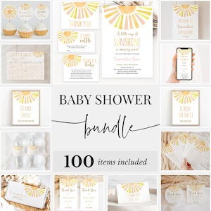 Editable Sunshine Baby Shower Bundle, A Little Ray of Sunshine Baby Shower Invitation Pack, Girl Sun Games, Boho Sunshine Package, BBS397