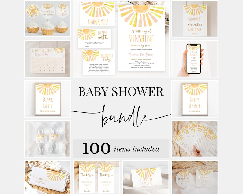 Puede incluir: Un conjunto de papeler&iacute;a y decoraciones para baby shower con tem&aacute;tica de sol. El paquete incluye invitaciones, tarjetas de agradecimiento, adornos para cupcakes y letreros. La combinaci&oacute;n de colores es amarillo, dorado y blanco, con un dise&ntilde;o de sol en acuarela. El texto "Baby Shower Bundle" y "100 items included" son visibles.