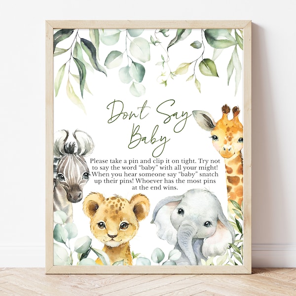 Don't Say Baby Sign A Little Wild One Baby Shower, Safari Jungle Baby Shower Don't Say Baby Game, Greenery Safari Animals Baby Shower,BBS340