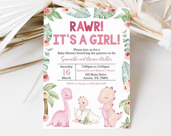 Editable Girl Dinosaur Baby Shower Invitation, It's a Girl Dinosaur Baby Shower Invite, Pink Dinosaur Baby Shower, Boho Dinosaur, BBS732