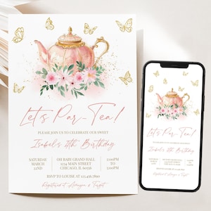 Faire-part d'anniversaire modifiable Let's Par-tea Garden Tea Party, Invitation florale d'anniversaire de Tea Party, anniversaire de Party de thé de jardin de fille, BRT267