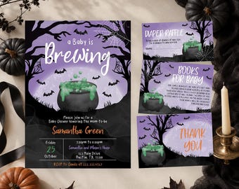 Editable Baby is Brewing Purple Halloween Baby Shower Invitation Bundle, Gender Neutral Halloween Baby Shower, Cauldron Baby Shower, BBS792