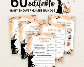 May include: A bundle of 60 editable baby shower game cards featuring a Halloween theme with orange watercolor accents, black silhouettes of pregnant figures in witch hats, spider webs, bats, and jack-o'-lanterns with printed text.