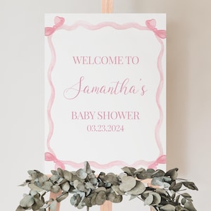 Editable Pink Bow Baby Shower Welcome Sign, Pink Girl Baby Shower Poster, Pink Girl Ribbon Minimalist Baby Shower Decor, BBS869