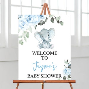 Placa de boas-vindas para chá de bebê com elefante editável, pôster de boas-vindas com elefante floral azul para chá de bebê, chá de bebê com elefante floral, BBS259