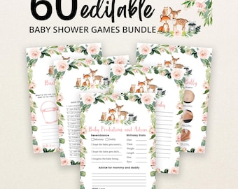 May include: A bundle of 60 editable baby shower game cards featuring floral borders with pink roses and green leaves, and watercolor illustrations of a fox, deer, and raccoon. The text includes Baby Predictions and Advice and Baby Shower Games Bundle.