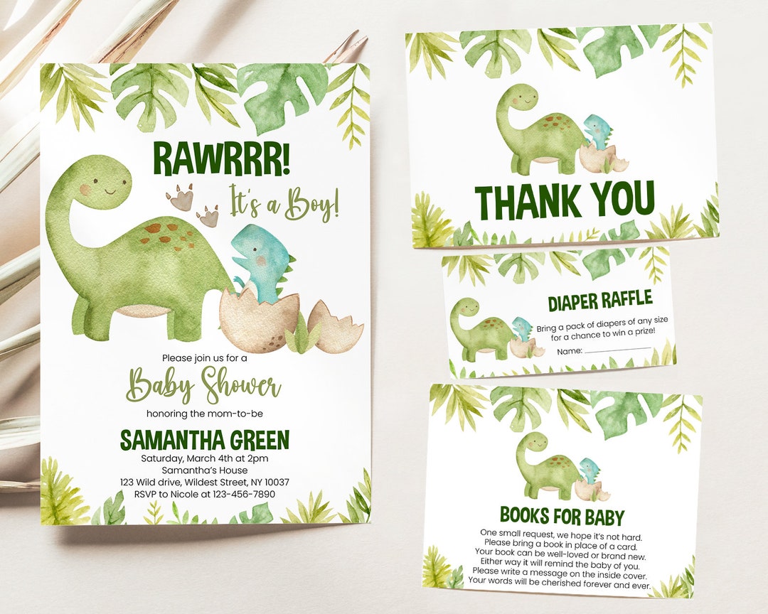 Editable Dinosaur Baby Shower Invitation Bundle Greenery Boho Etsy