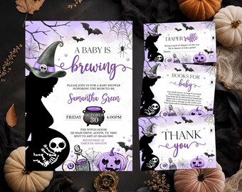 Paquete editable de invitaciones para baby shower de Halloween "Un bebé está en camino" en color morado, invitación para baby shower con temática de esqueletos, invitación para baby shower de bruja de Halloween para niña, BBS811