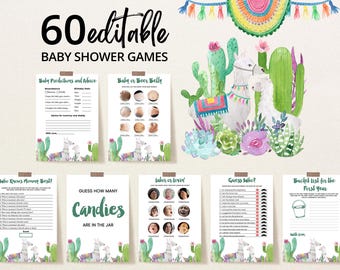 Editable Llama Baby Shower Game Bundle, Cactus Llama Baby Shower Game Pack, Floral Llama Baby Shower Games, Cactus Fiesta Activity BBS141
