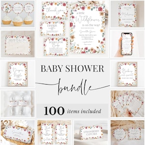 May include: A baby shower bundle with 100 items, featuring a floral theme with a wildflower design. The bundle includes invitations, thank you cards, diaper raffle tickets, and other decorations.