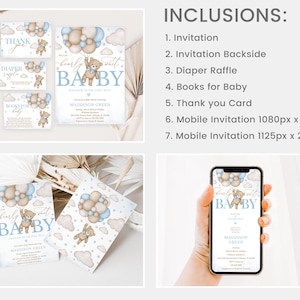 May include: A set of printable baby shower invitations featuring a cute teddy bear holding balloons. The invitations are in a light blue and brown color scheme with a watercolor effect. The text on the invitations reads "Bearly Wait Baby" and includes the baby's name, Madison Green. The set includes a thank you card, a diaper raffle card, and two mobile invitation sizes.