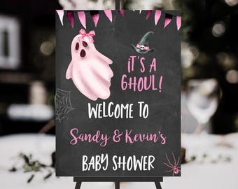 Letrero de bienvenida editable "Oh, es un fantasma" para baby shower, bienvenida rosa para baby shower de Halloween, decoración de baby shower de Halloween con fantasma de niña, BBS274