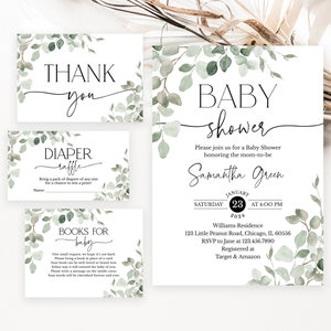 Pacchetto di inviti per baby shower Hello Baby, verde modificabile, pacchetto di inviti per baby shower di genere neutro, invito per baby shower botanico, BBS618