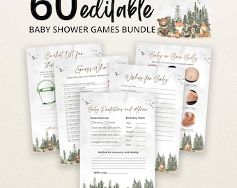 Peut inclure: Un lot de 60 cartes de jeux de baby shower modifiables avec des illustrations d'animaux des bois, dont des ours, des renards et des ratons laveurs. Les cartes incluent des titres comme Bucket List for the Baby, Guess Who, Wishes for Baby.