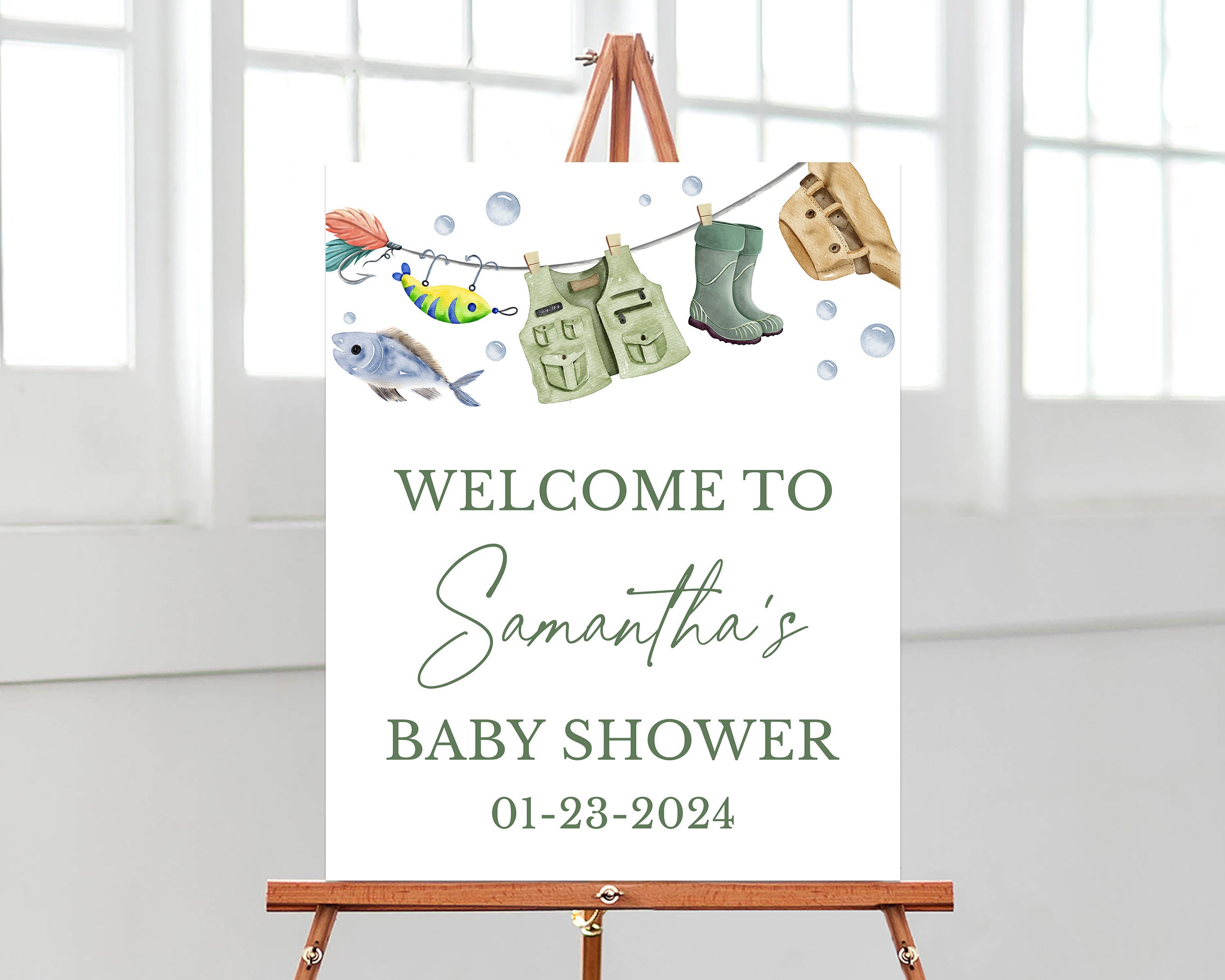 Editable A Little Fisherman Baby Shower Welcome Sign, Boy Fishing