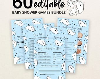 Bewerkbare blauwe A Little Boo babyshower spelbundel, Halloween babyshower spelpakket voor jongens, Halloween spook babyshower spellen, BBS497