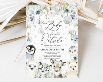 May include: A baby shower invitation with a winter theme. The invitation features a watercolor illustration of a penguin, owl, polar bear, deer, and a snow leopard. The text on the invitation reads "Baby It's Cold Outside" and includes the name Charlotte Smith, the date and time of the shower, and the location.