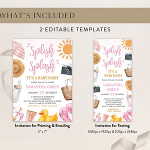 Editable Splish Splash Baby Bash Girl Baby Shower Invitation Bundle ...
