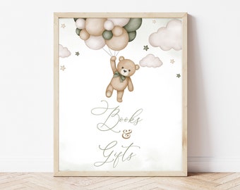 Books and Gifts Sign Gender Neutral Bear Baby Shower, We Can Bearly Wait Baby Shower Gifts Sign, Green Boho Bear Baby Shower Decor, BBS390