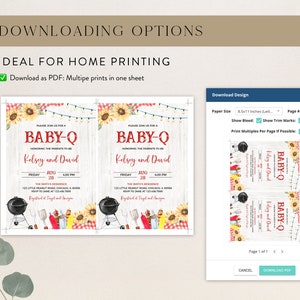 K&ouml;nnte beinhalten: Ein digitaler Download f&uuml;r eine Babyparty-Einladung. Die Einladung zeigt einen rustikalen Holz-Hintergrund mit rot-wei&szlig;em Karo, Sonnenblumen und einem Grill. Der Text lautet "Bitte schlie&szlig;en Sie sich uns zu einem Baby-Q an, um die werdenden Eltern Kelsey und David zu ehren".