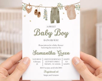 May include: A white baby shower invitation card featuring a watercolor illustration of baby clothes and greenery hanging on a clothesline. The text reads A SWEET Baby Boy IS ON HIS WAY! honoring Samantha Green on Saturday February 23.