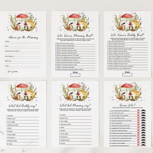May include: A set of printable baby shower games with a mushroom theme. The games include "Who Knows Mommy Best?", "Who Knows Daddy Best?", "What Did Daddy Say?", "What Did Mommy Say?", and "Guess Who?" The games are decorated with watercolor illustrations of mushrooms and leaves.
