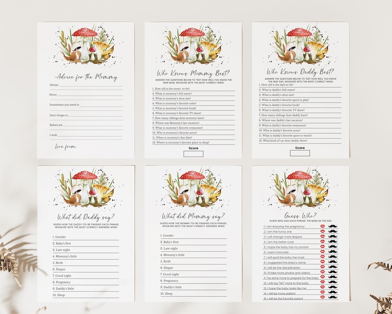 May include: A set of printable baby shower games with a mushroom theme. The games include "Who Knows Mommy Best?", "Who Knows Daddy Best?", "What Did Daddy Say?", "What Did Mommy Say?", and "Guess Who?" The games are decorated with watercolor illustrations of mushrooms and leaves.
