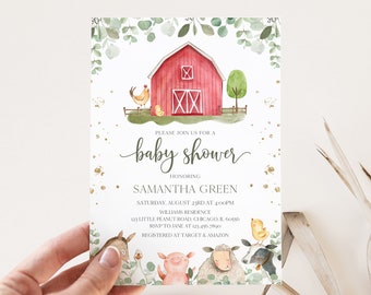 Editable Boy Farm Baby Shower Invitation, Greenery Farm Baby Shower Invite, Boy Farm Barnyard Baby Shower Invite, BBS653